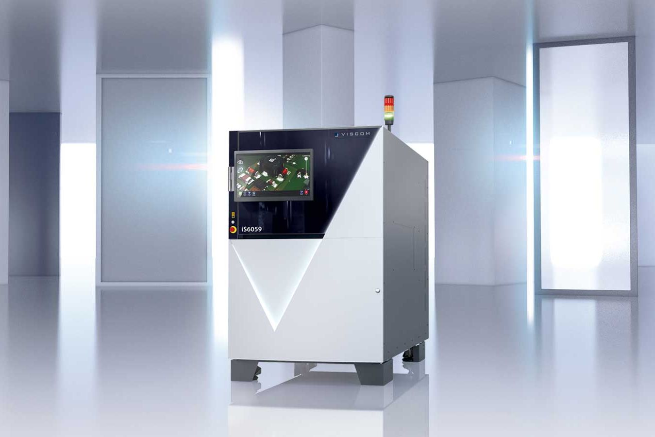 This is a 3D render of Viscom's product AOI iS6059 Dual-Lane Inspection. An automatic optical inspection system for components developed in 2024.