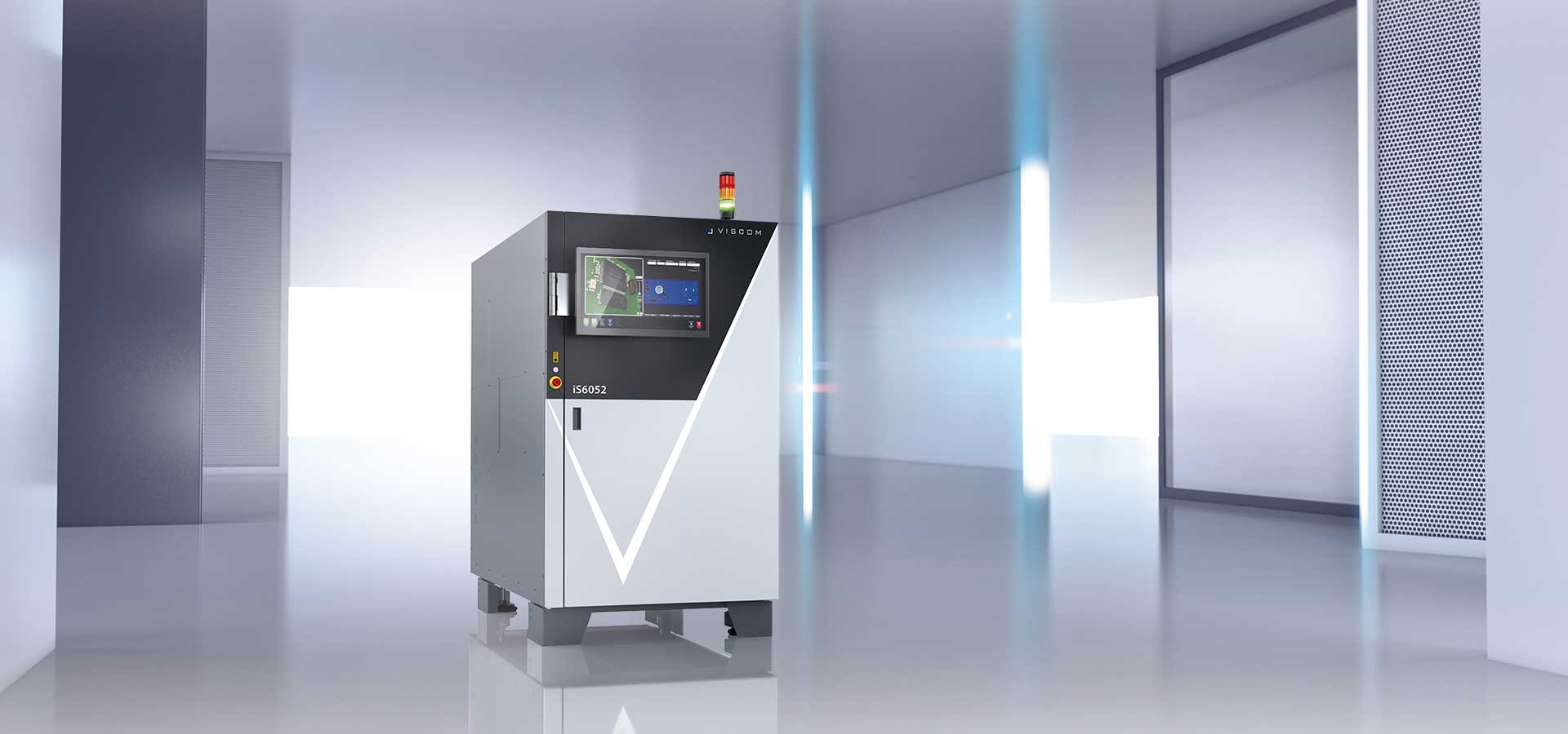 The Viscom iS6052 AOI system is set against a geometric background.