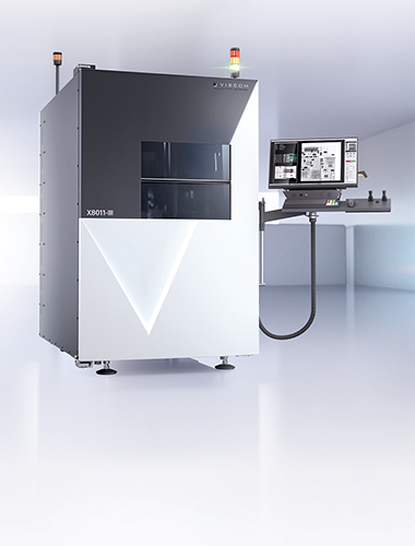 A 3D render image of the Viscom system X8011-III Side Inspection rotated to the right in a room